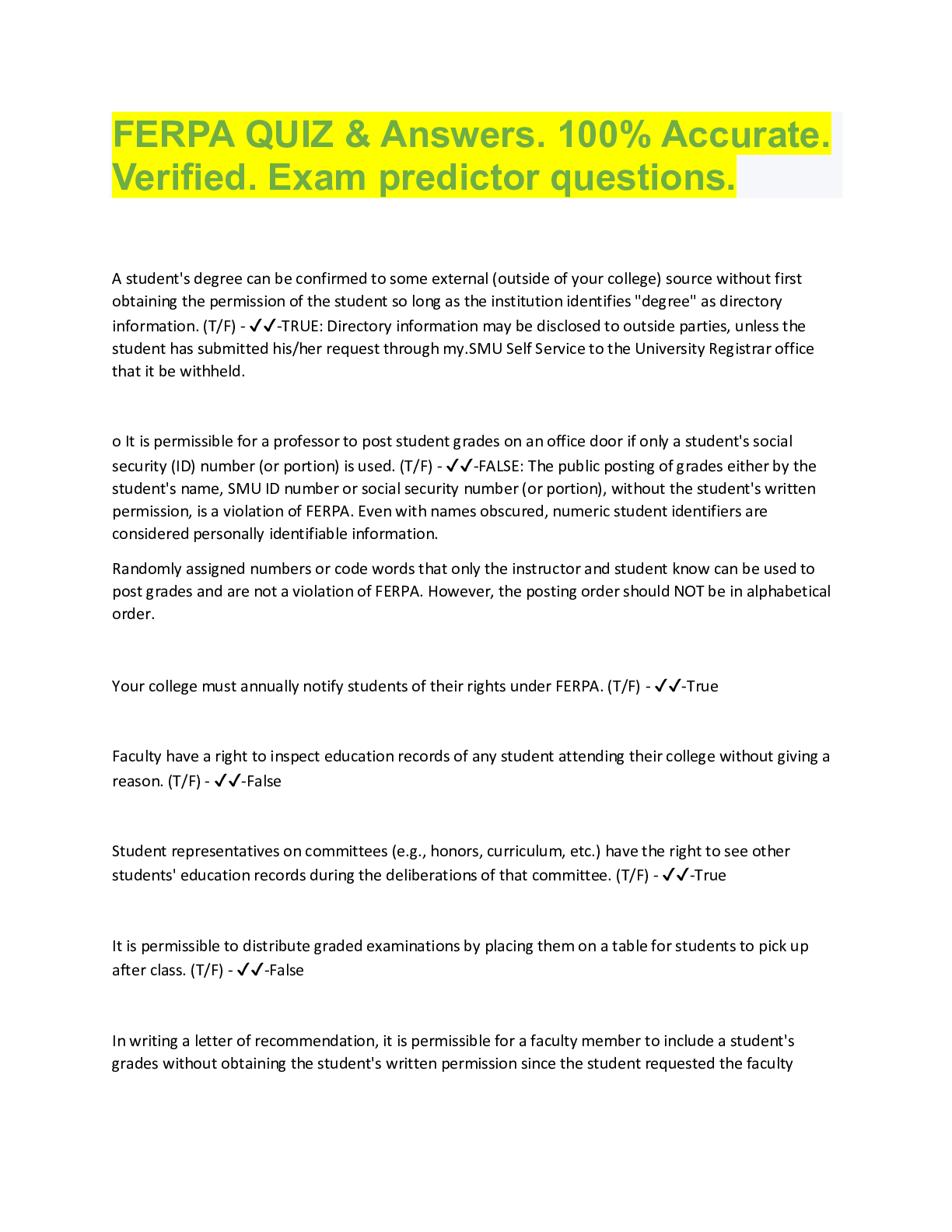 FERPA QUIZ & Answers. 100% Accurate. Verified. Exam predictor questions